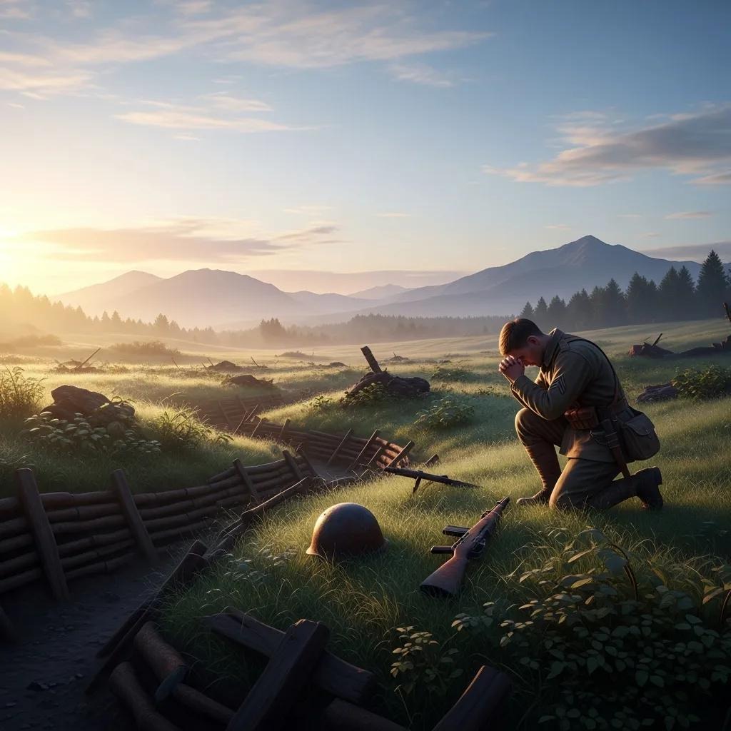 A soldier kneels by a helmet and rifle in a grassy trench at sunrise, mountains in the distance and light illuminating the misty landscape, evoking a sense of reflection and remembrance.