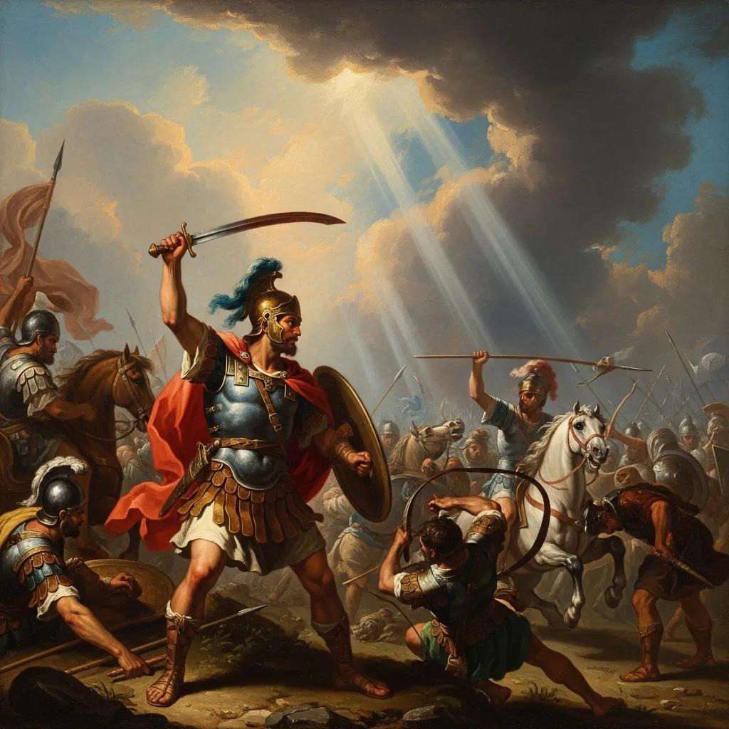 A dramatic ancient battle scene shows a heroic armored warrior with a sword and shield leading soldiers, sunlight streaming through clouds, while enemies on horseback and foot engage fiercely around him.