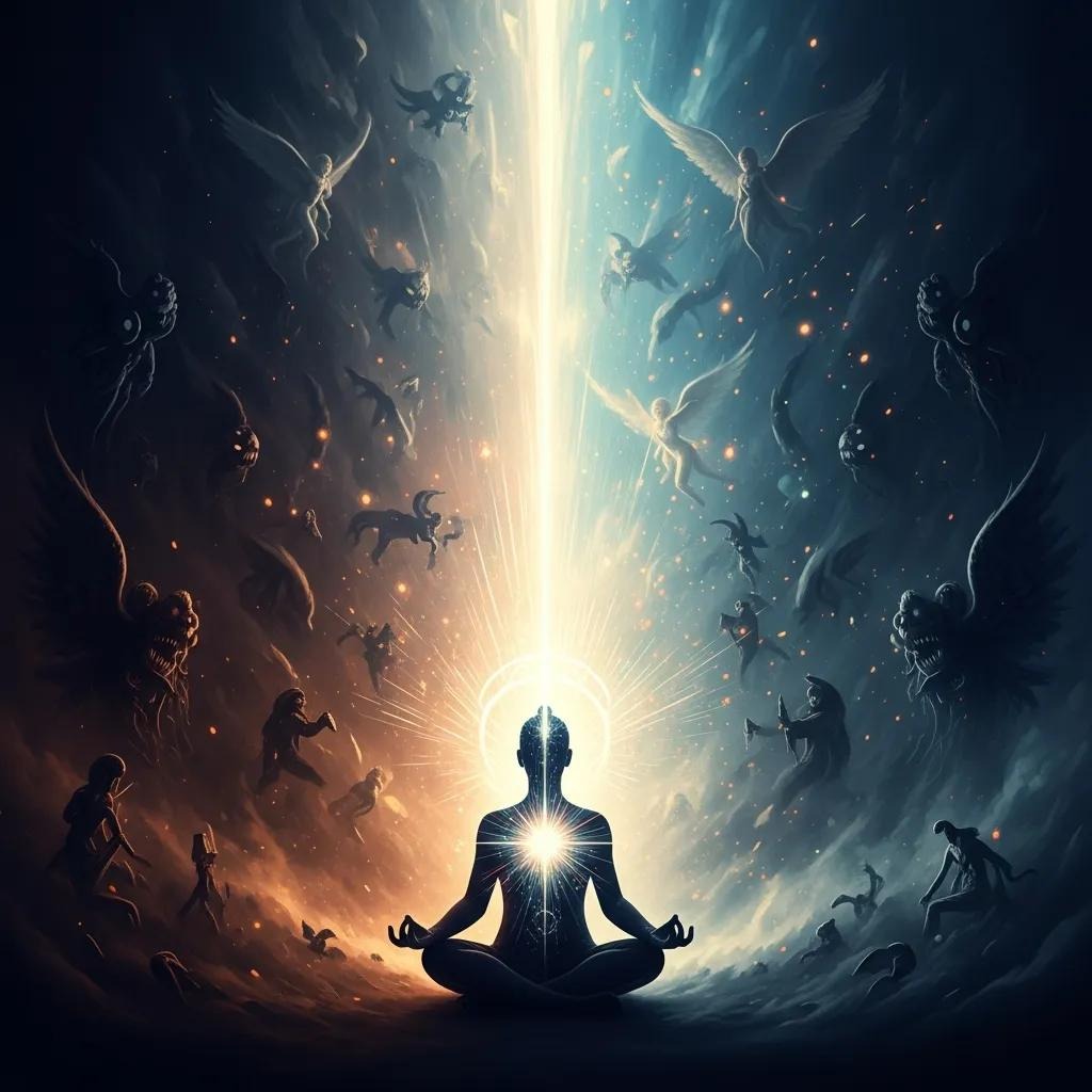 A person meditates in a lotus position with light radiating from their chest and head. Dark and light angelic and demonic figures swirl around, symbolizing an internal spiritual or cosmic struggle.