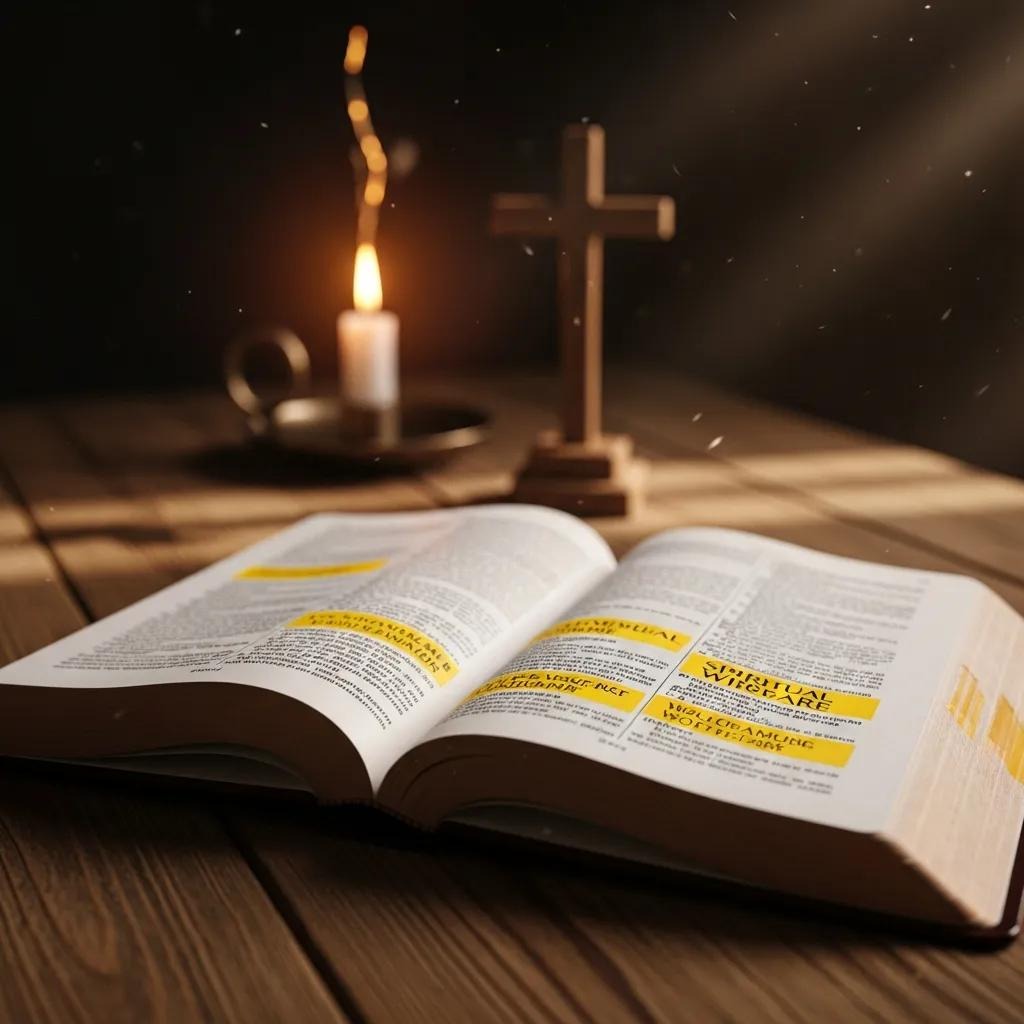 An open Bible with highlighted passages rests on a wooden table. A lit candle and a wooden cross are in the background, creating a warm, contemplative atmosphere.