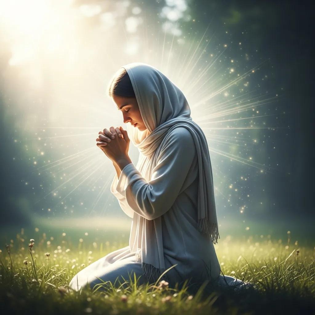 A woman in a light gray hijab kneels on grass, hands clasped in prayer, surrounded by soft sunlight and radiant sparkles, creating a serene and spiritual atmosphere in a lush outdoor setting.