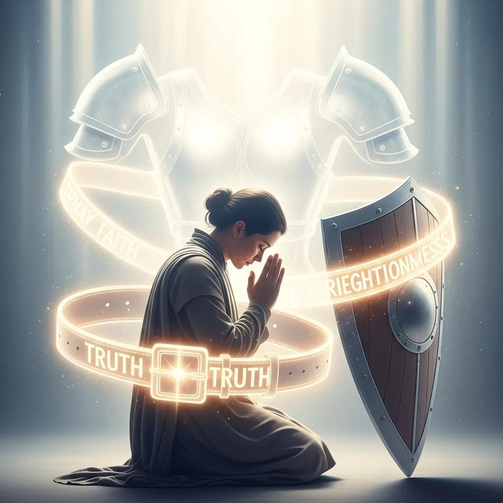 A person kneels in prayer, hands clasped, with glowing symbols of spiritual armor—breastplate, shield, and belt—labeled faith, righteousness, and truth floating around them in soft light.