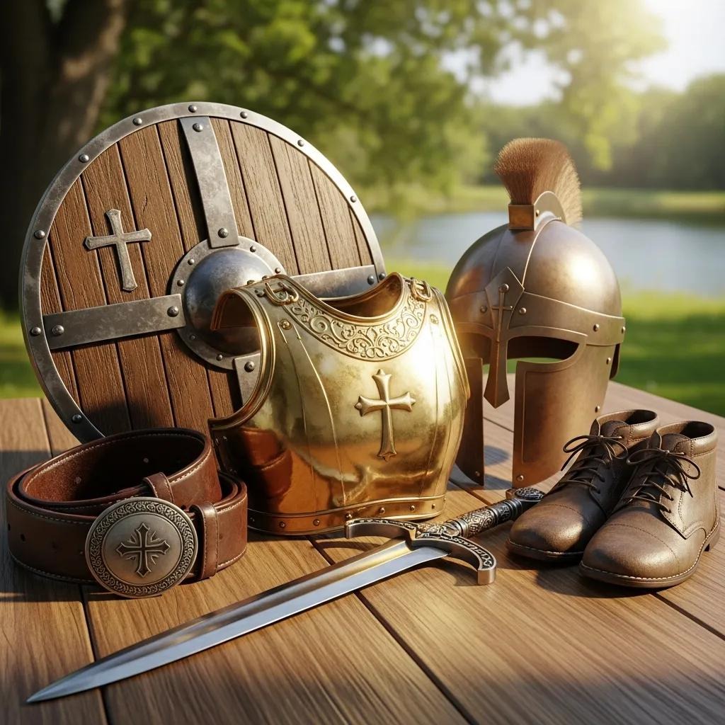 Armor set with a wooden shield, gold breastplate, Roman-style helmet, belt, boots, and sword featuring cross symbols, displayed on a wooden table outdoors near a lake with trees in the background.