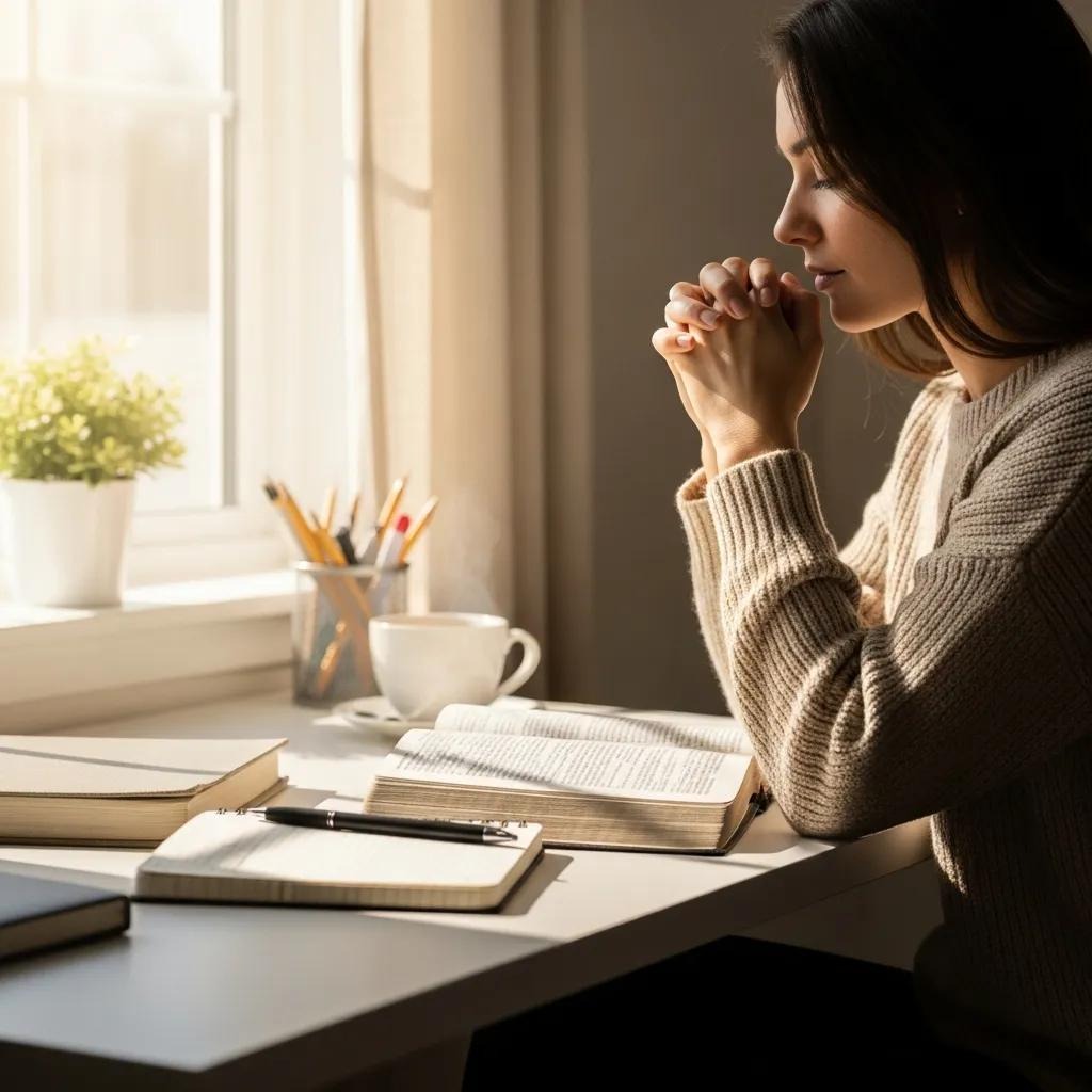 A woman sits at a desk by a sunlit window, clasping her hands in front of her face in a thoughtful or prayerful pose. Open books, a notepad, a cup, and a potted plant are on the desk.