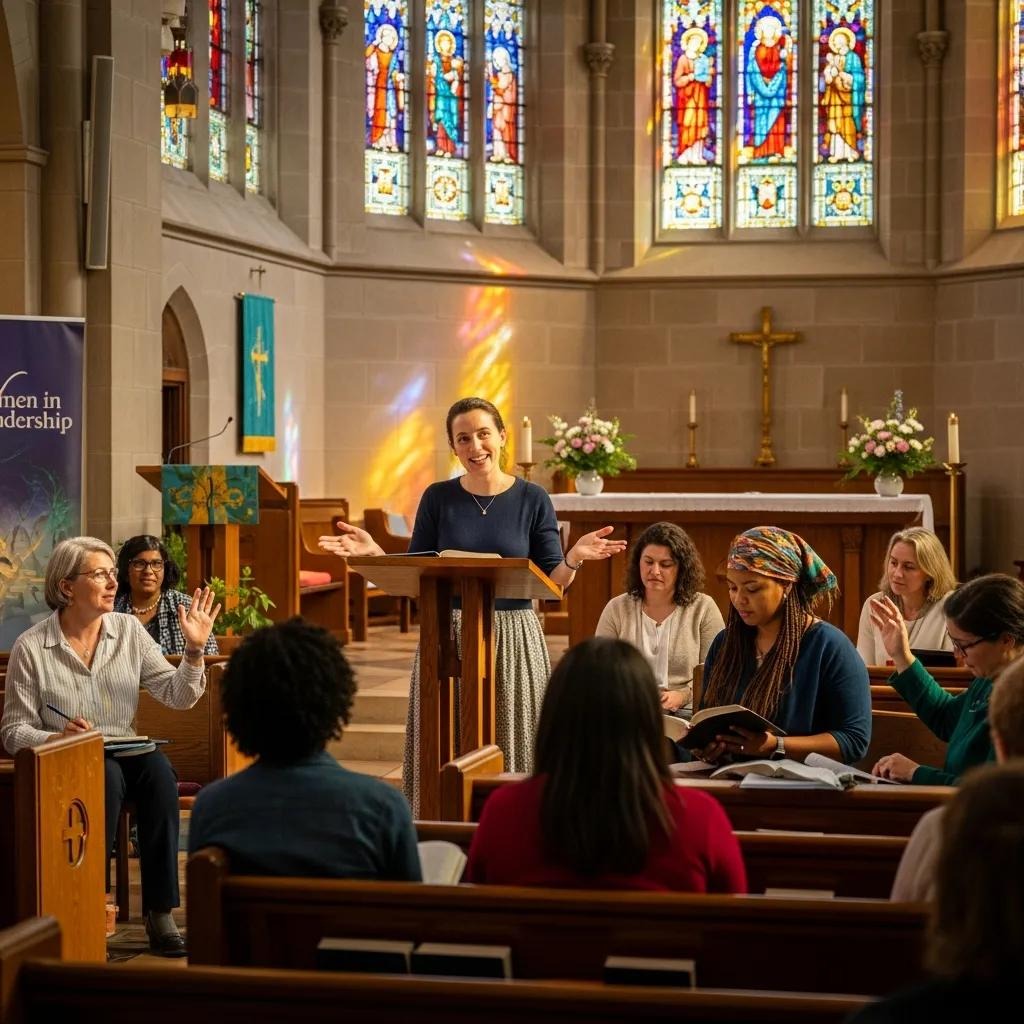 A woman speaks at a podium inside a church with stained glass windows, while several women sit in pews listening, reading, and taking notes. Sunlight streams through the windows, creating a warm, inviting atmosphere.