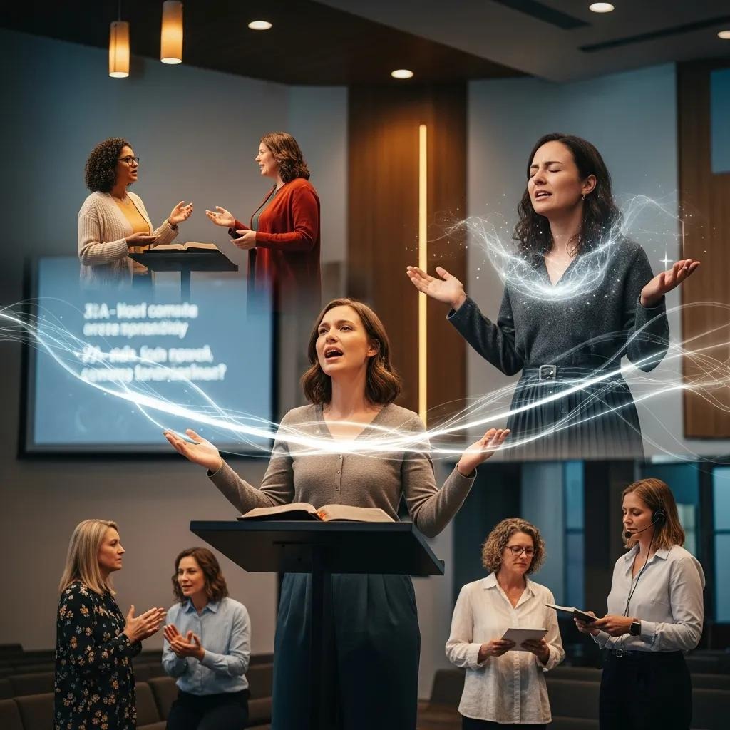 A woman speaks passionately at a podium in a modern church, with smaller scenes showing her interacting with others and singing, while a glowing light effect surrounds her. A projection screen and audience are visible in the background.