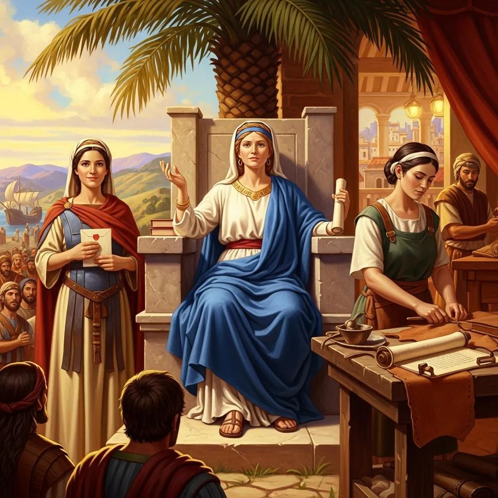 A woman in blue and white robes sits on a throne, addressing a crowd. Two women stand nearby, one holding a scroll and the other writing at a desk, with palm trees and ancient buildings in the background.