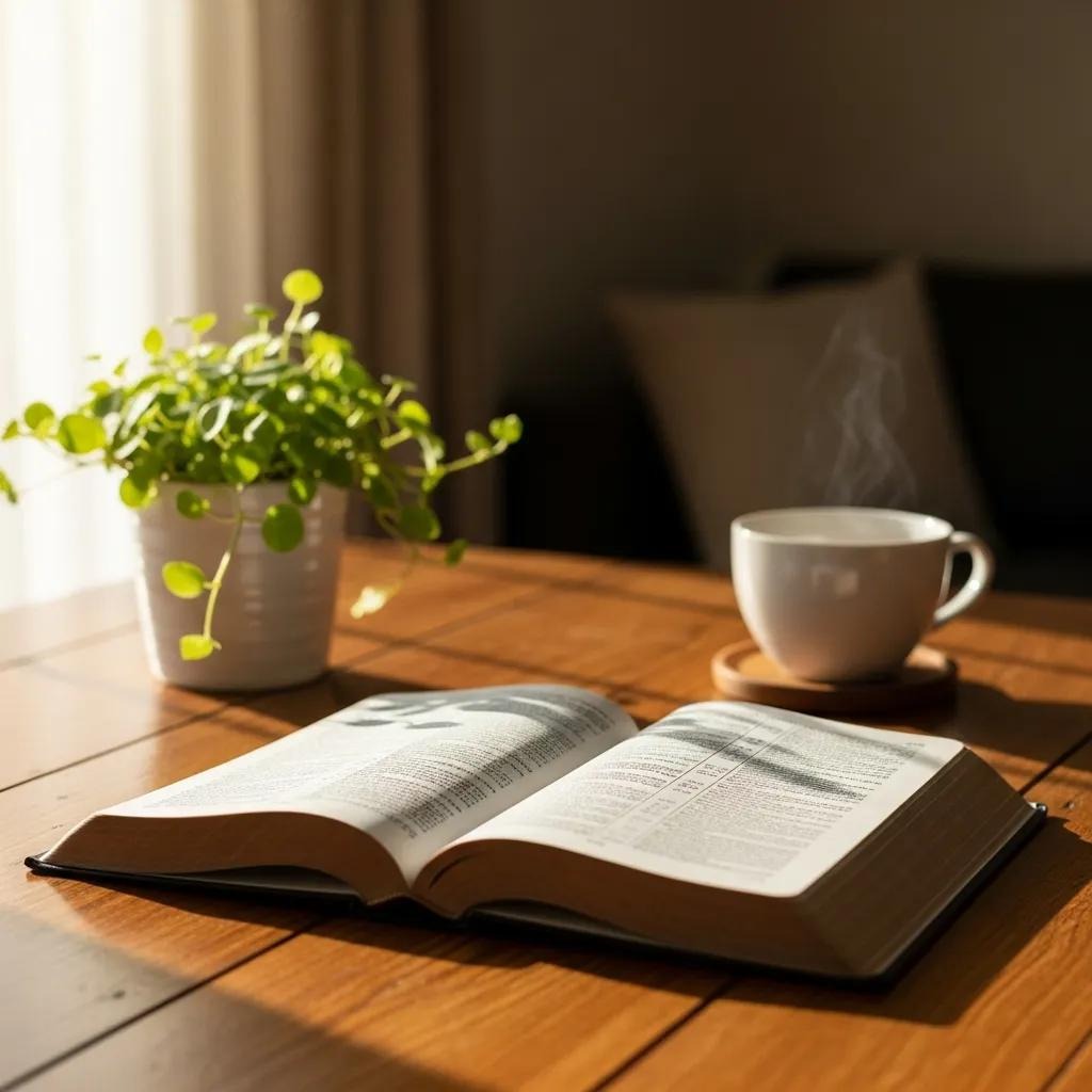An open book sits on a wooden table beside a steaming white cup and a potted green plant, with warm sunlight streaming in from a nearby window.