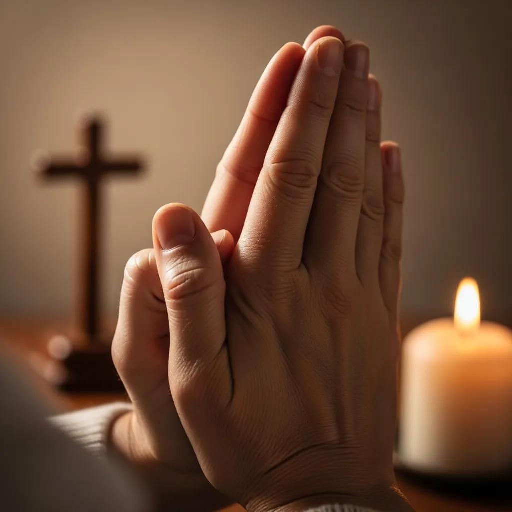 Close-up of hands pressed together in prayer, with a blurred wooden cross and a lit candle in the background, suggesting a peaceful, spiritual atmosphere.