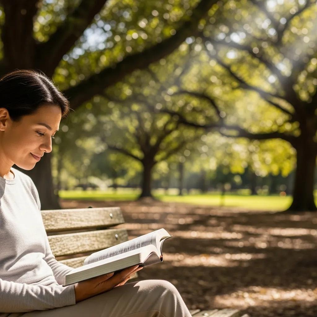 A woman sits on a park bench reading a book, surrounded by large trees with sunlight streaming through the branches, creating a peaceful and serene outdoor setting.