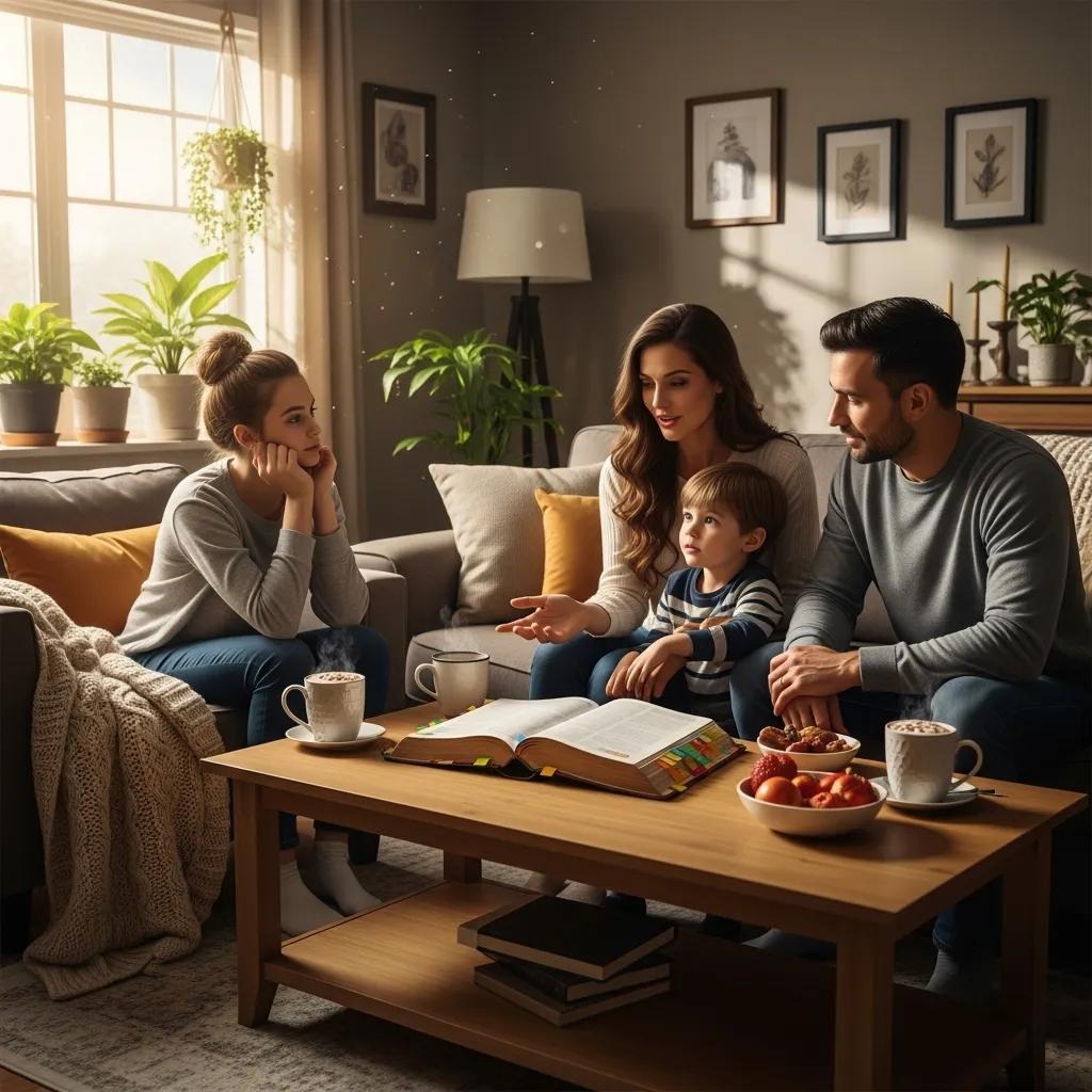 A family of four sits together in a cozy living room, talking around a coffee table with an open book, hot drinks, and snacks. Sunlight streams in through the window, and the room is decorated with plants and framed art.