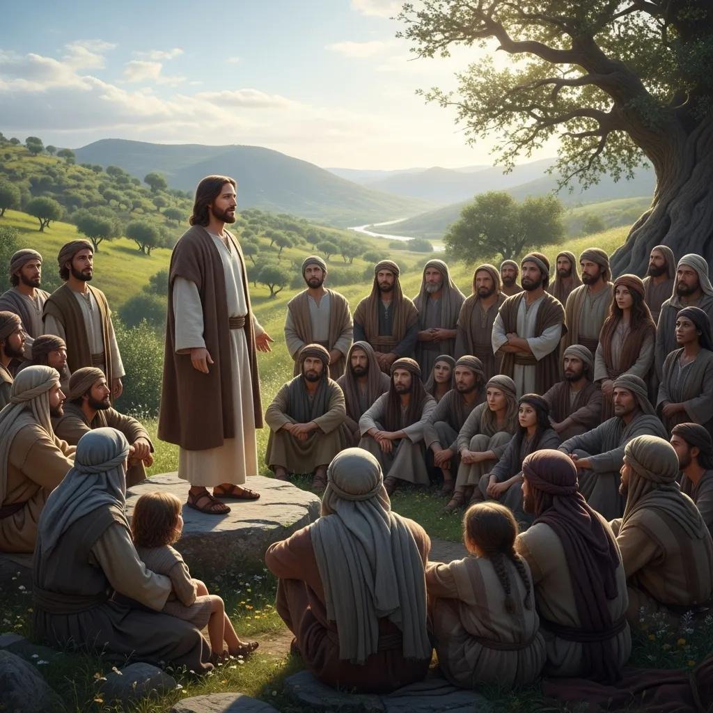 A man in a robe stands on a rock, speaking to a large group of people seated around him outdoors, with rolling green hills and sunlight in the background.
