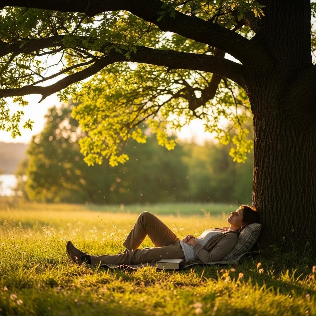 A person lies on a pillow under a large tree in a sunny, grassy field, relaxing with eyes closed and hands resting on their stomach. A closed book lies nearby. Sunlight filters through the leaves.