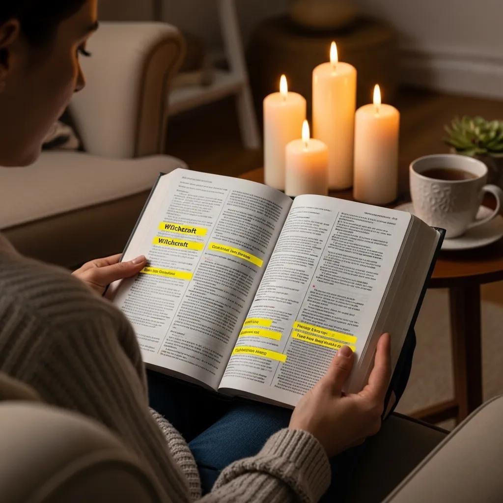 A person sitting in a cozy room reads an open book with several passages highlighted in yellow. Four lit candles and a cup on a table create a warm, relaxed atmosphere nearby.