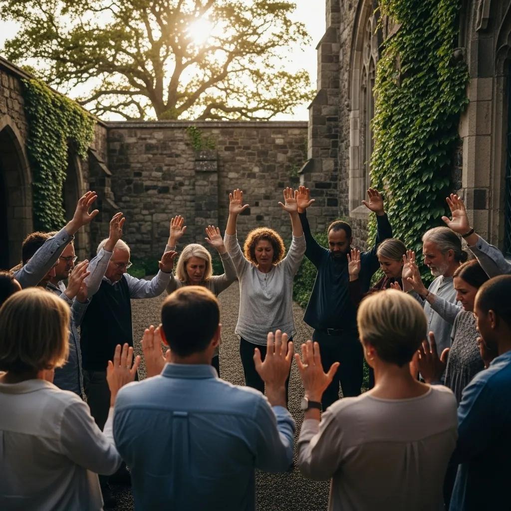 A group of people stand in a circle outdoors, raising their hands together in a gesture of unity or prayer. They are in a stone courtyard with ivy-covered walls and sunlight shining through the trees.