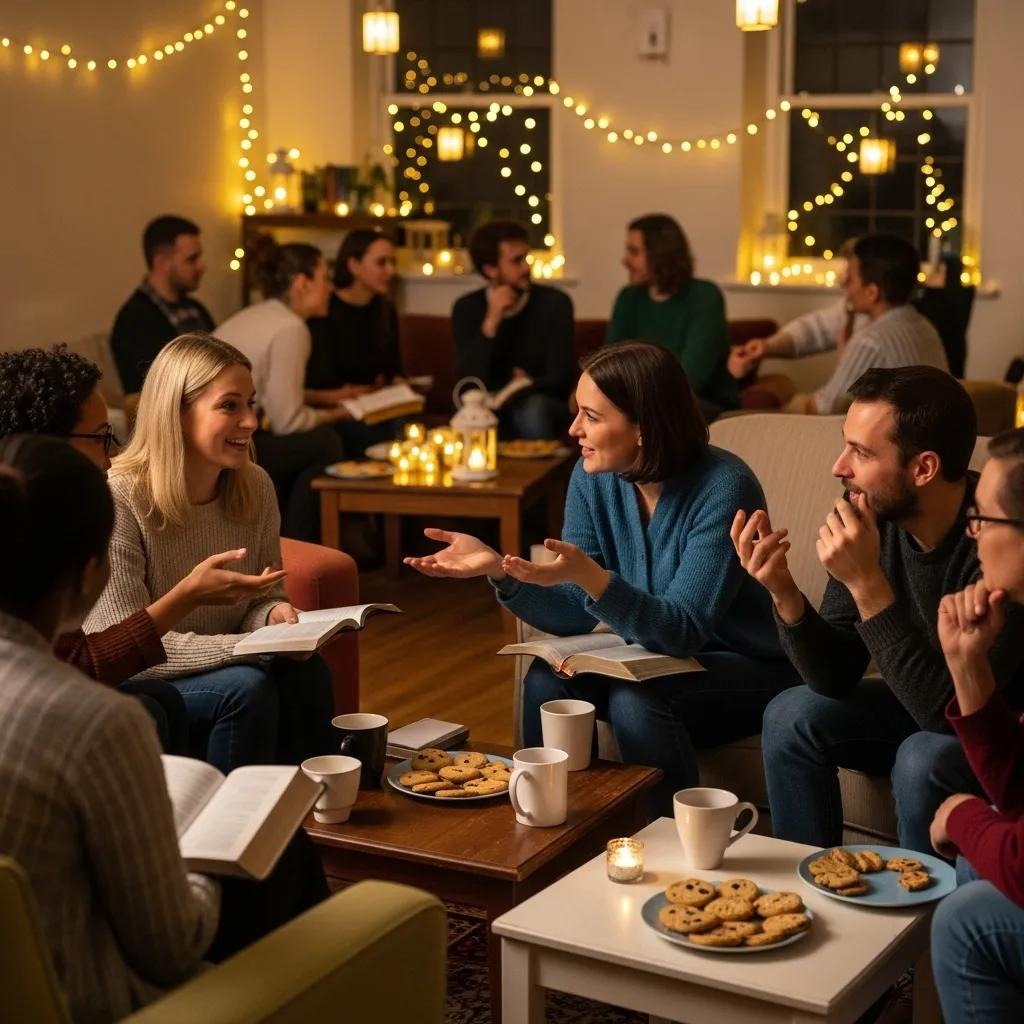 A group of people sit in a cozy, warmly lit living room, chatting and reading books. Plates of cookies, mugs, and candles are on the tables. String lights hang in the background, creating a relaxed, friendly atmosphere.