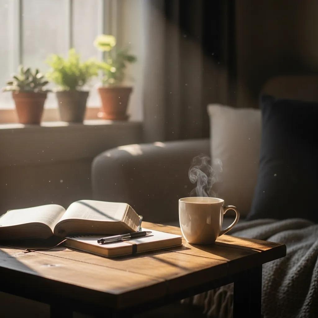 A steaming mug, an open book, and a notebook with a pen rest on a wooden table bathed in soft sunlight. In the background, potted plants sit on a windowsill beside a cozy sofa with a blanket.