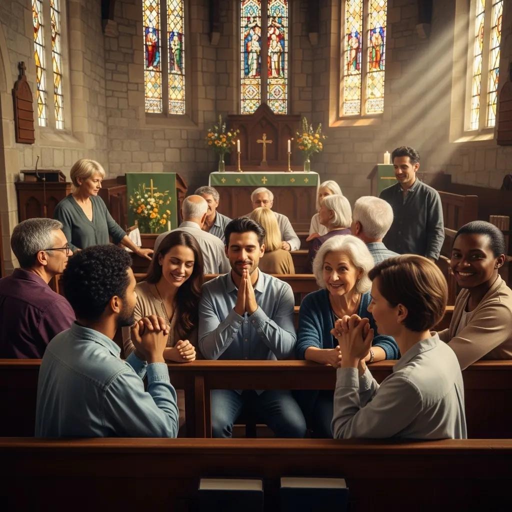 A diverse group of people sit in church pews, some praying with hands clasped, others smiling and talking. Sunlight streams through stained glass windows, illuminating the peaceful, welcoming scene.
