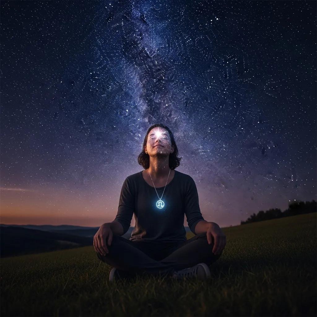 A person sits cross-legged on grass at night, looking up as the Milky Way arcs above. Their face glows with starlight, and a glowing symbol hangs from a necklace, creating a mystical, cosmic atmosphere.
