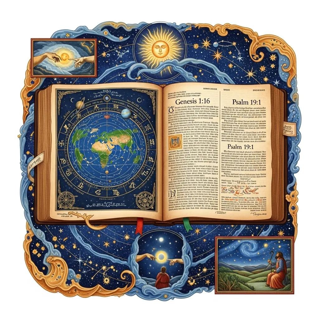 An ornate illustration of an open book showing astrological charts on one page and Bible verses (Genesis 1:16, Psalm 19:1) on the other, surrounded by celestial and nature-themed artwork, including the sun, clouds, and people observing the sky.