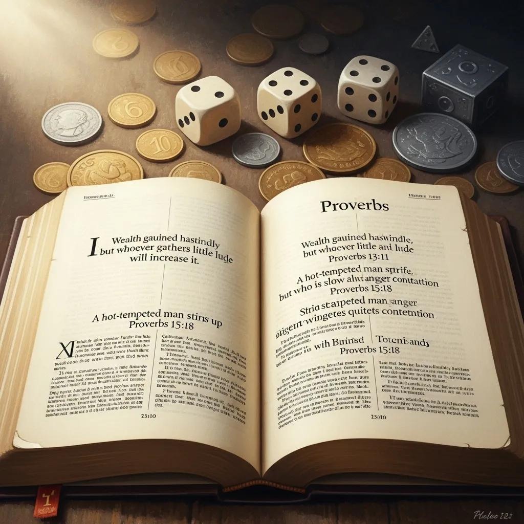 An open Bible on Proverbs, surrounded by coins and three dice, lies on a wooden surface. Warm light highlights the text and objects, symbolizing themes of wealth and chance.