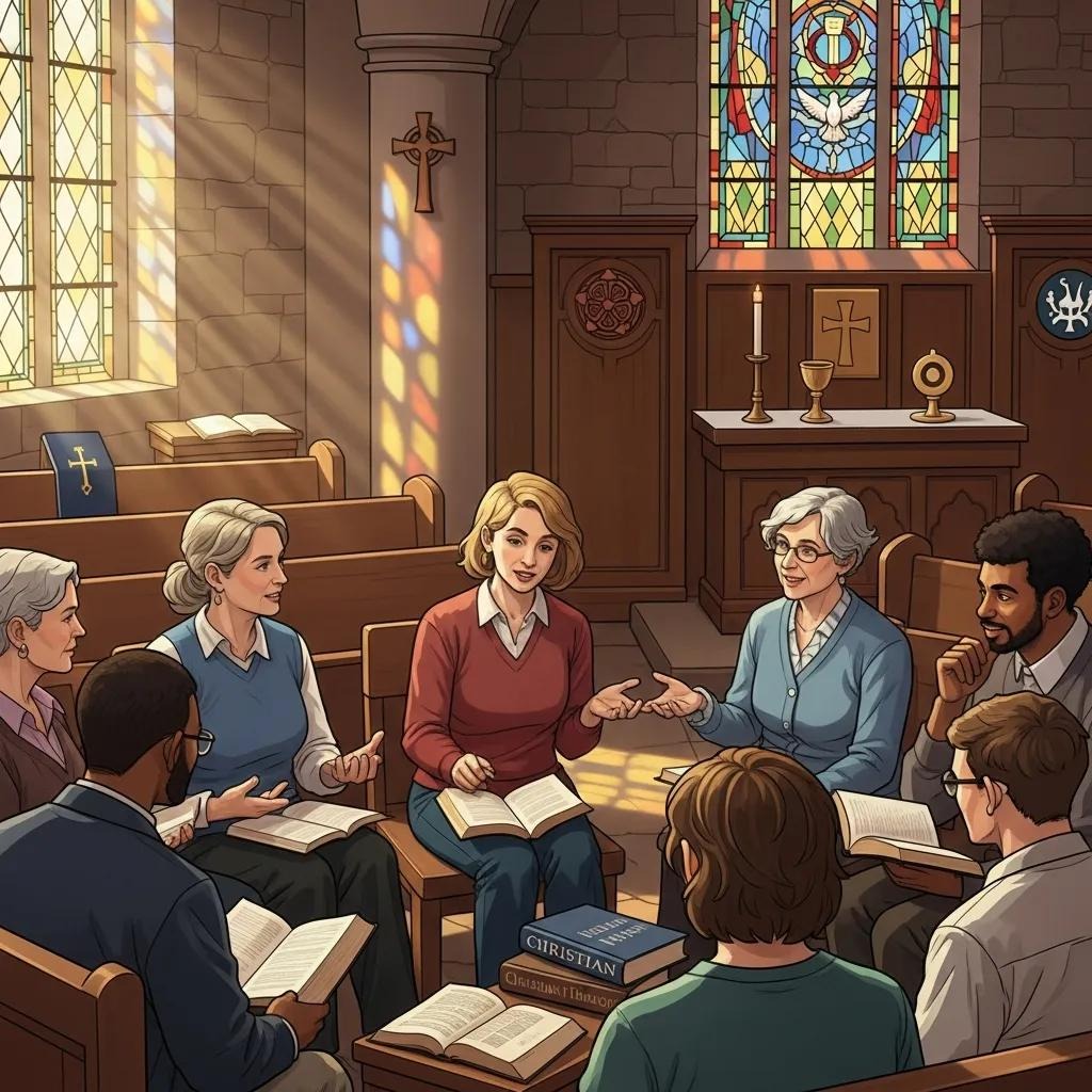 A diverse group of adults sit in a church, holding open books and having a discussion. Sunlight shines through stained glass windows, and religious symbols and an altar are visible in the background.