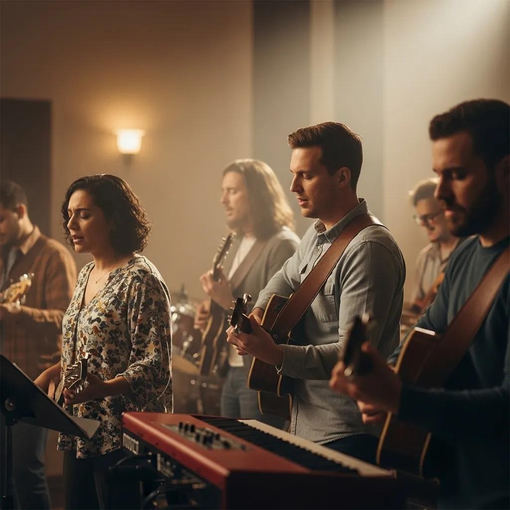 A group of musicians, including male and female members, play guitars and keyboard while singing together in a softly lit studio or rehearsal space.