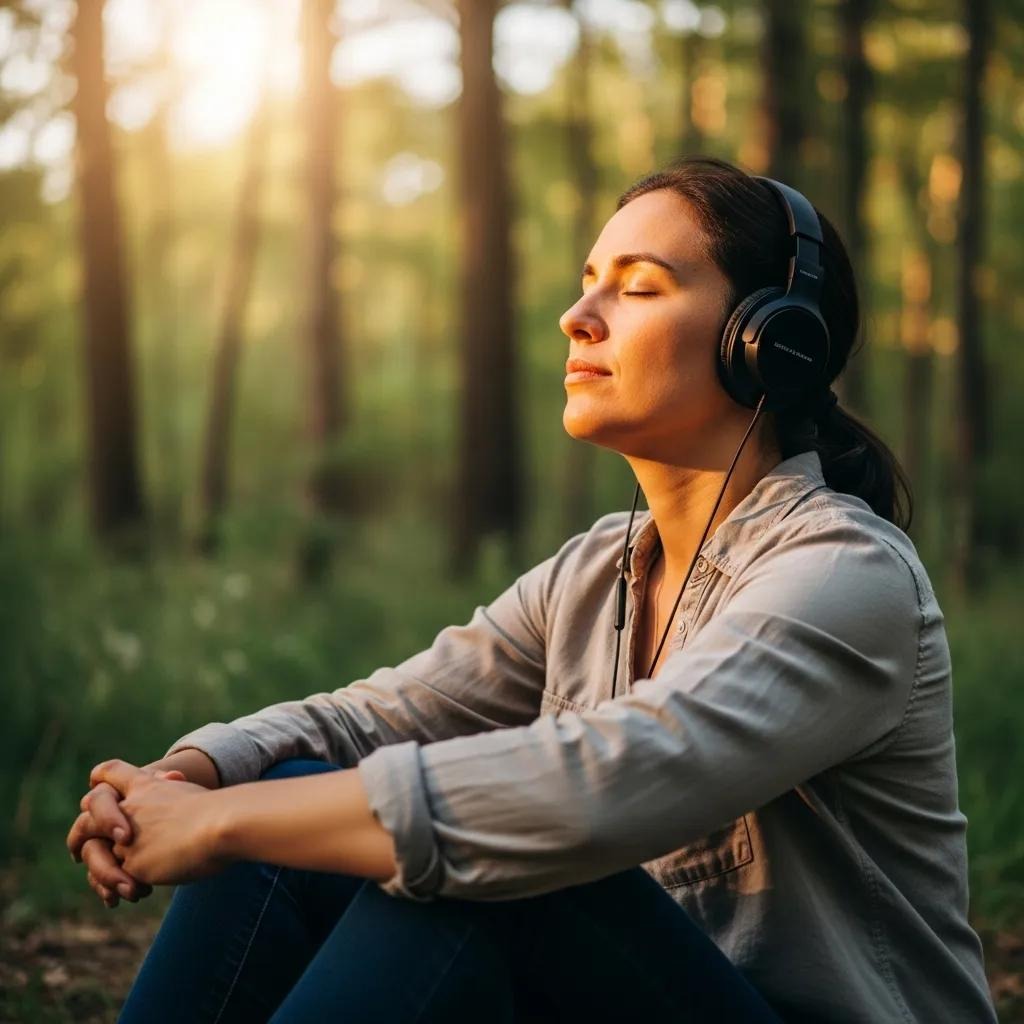 A woman sits outdoors in a sunlit forest, wearing headphones and a light shirt, with her eyes closed and a peaceful expression, enjoying the music and nature around her.