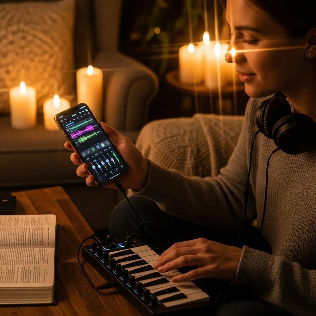 A woman with headphones sits on a cozy couch, using a small MIDI keyboard and a smartphone displaying music editing software. Lit candles and an open book are on the wooden table beside her, creating a warm, relaxed atmosphere.