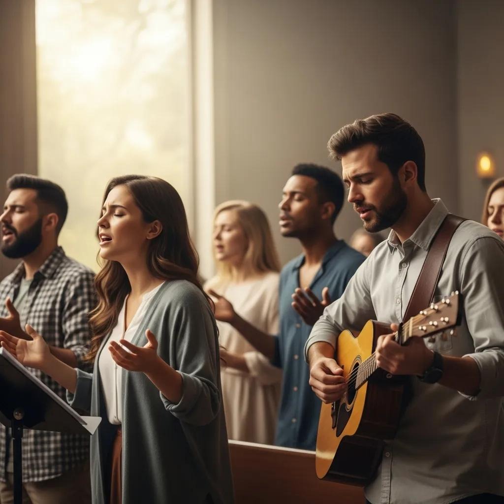 A group of people stand together in a sunlit room, singing passionately; one man plays an acoustic guitar while others raise their hands and close their eyes, suggesting a worship or choir setting.