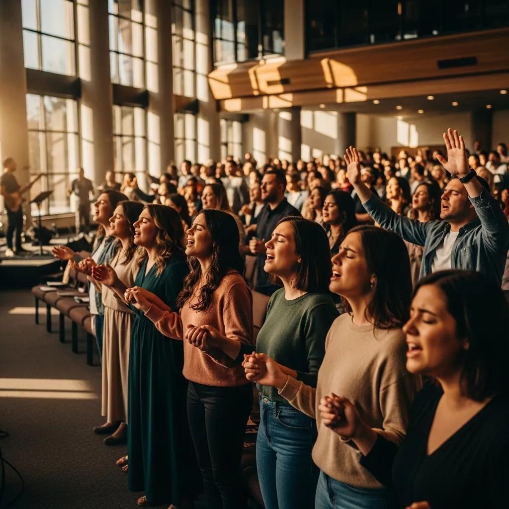 A diverse group of people stand closely together in a sunlit church, singing and holding hands with eyes closed or raised, expressing emotion and unity during a worship service.