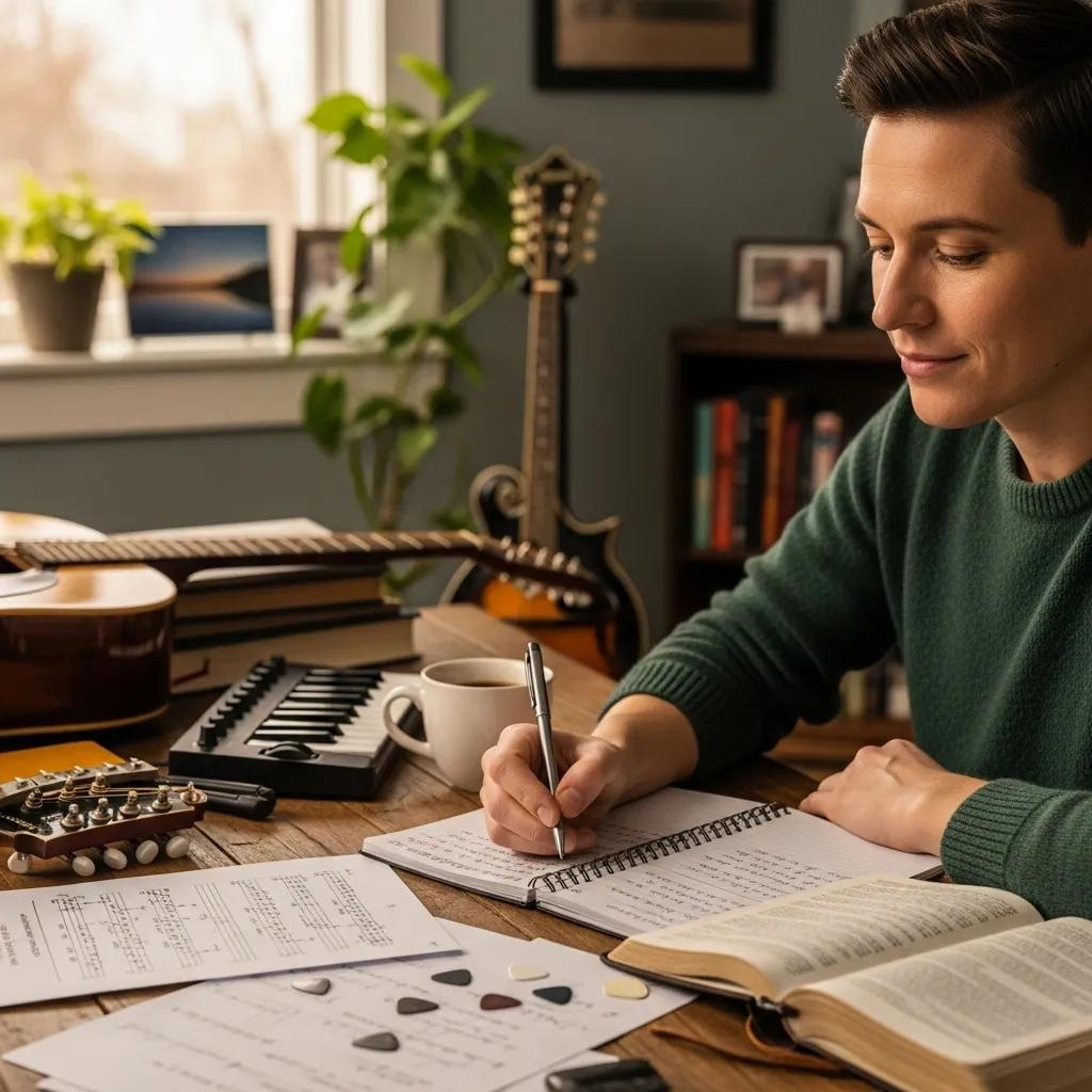 A person sits at a desk writing in a notebook, surrounded by musical instruments, sheet music, books, a cup of coffee, and plants in a cozy, well-lit room.