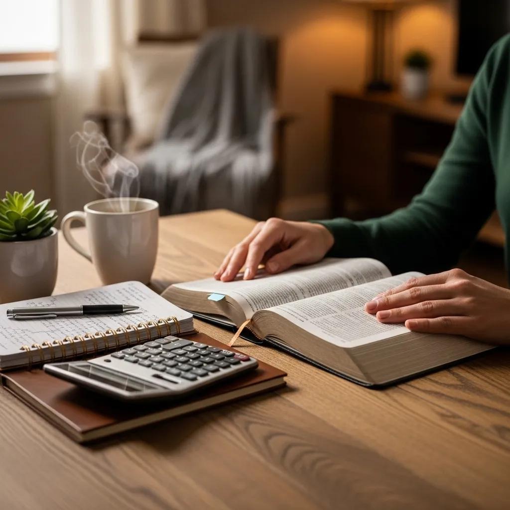 A person reads an open book at a wooden desk with a notebook, pen, calculator, coffee mug, and small potted plant nearby. Warm, cozy lighting fills the room.