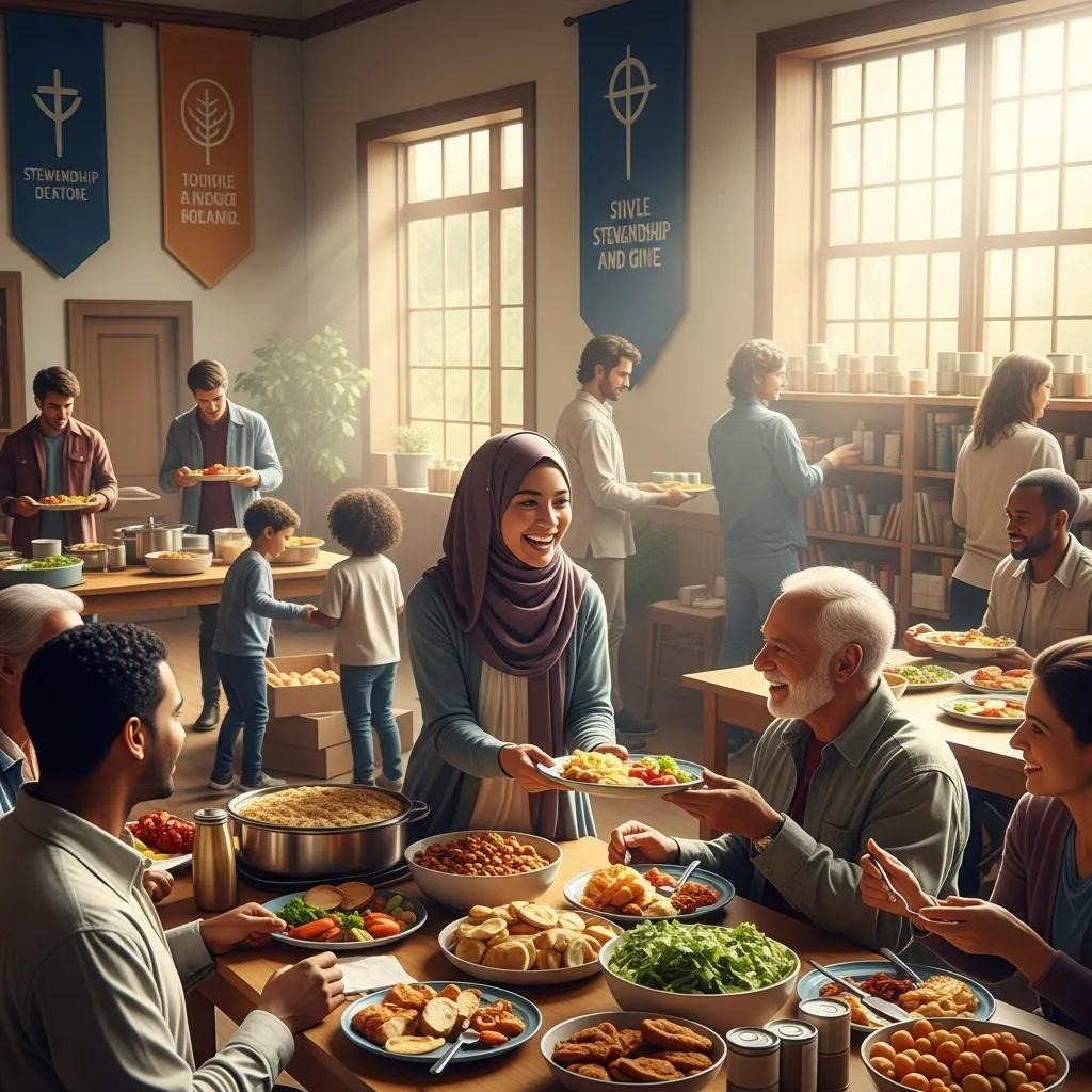A diverse group of people share a meal in a bright community hall, smiling and serving food. Banners with inspirational words hang on the walls, and sunlight streams through large windows.