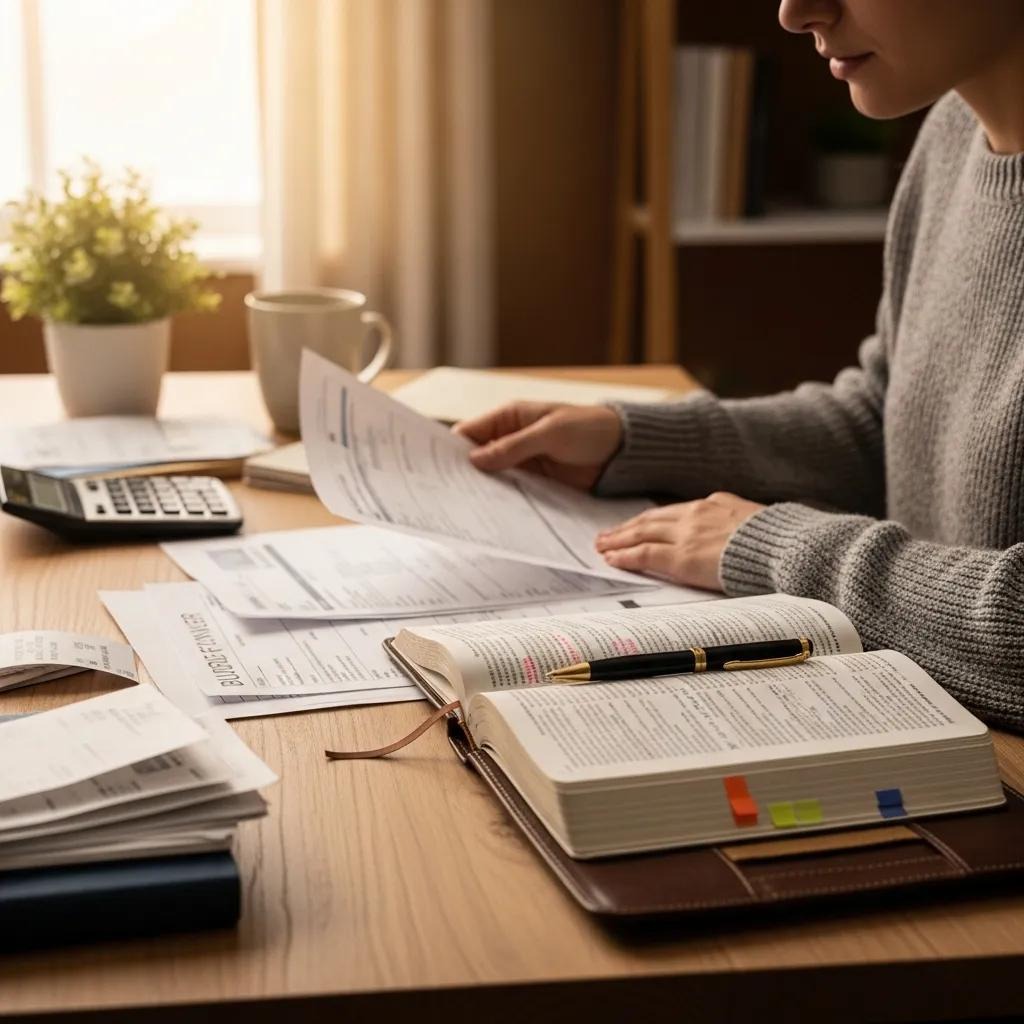A person sits at a desk reviewing papers, with an open planner, calculator, receipts, and a cup. Sunlight filters in from a window, creating a warm and organized workspace atmosphere.