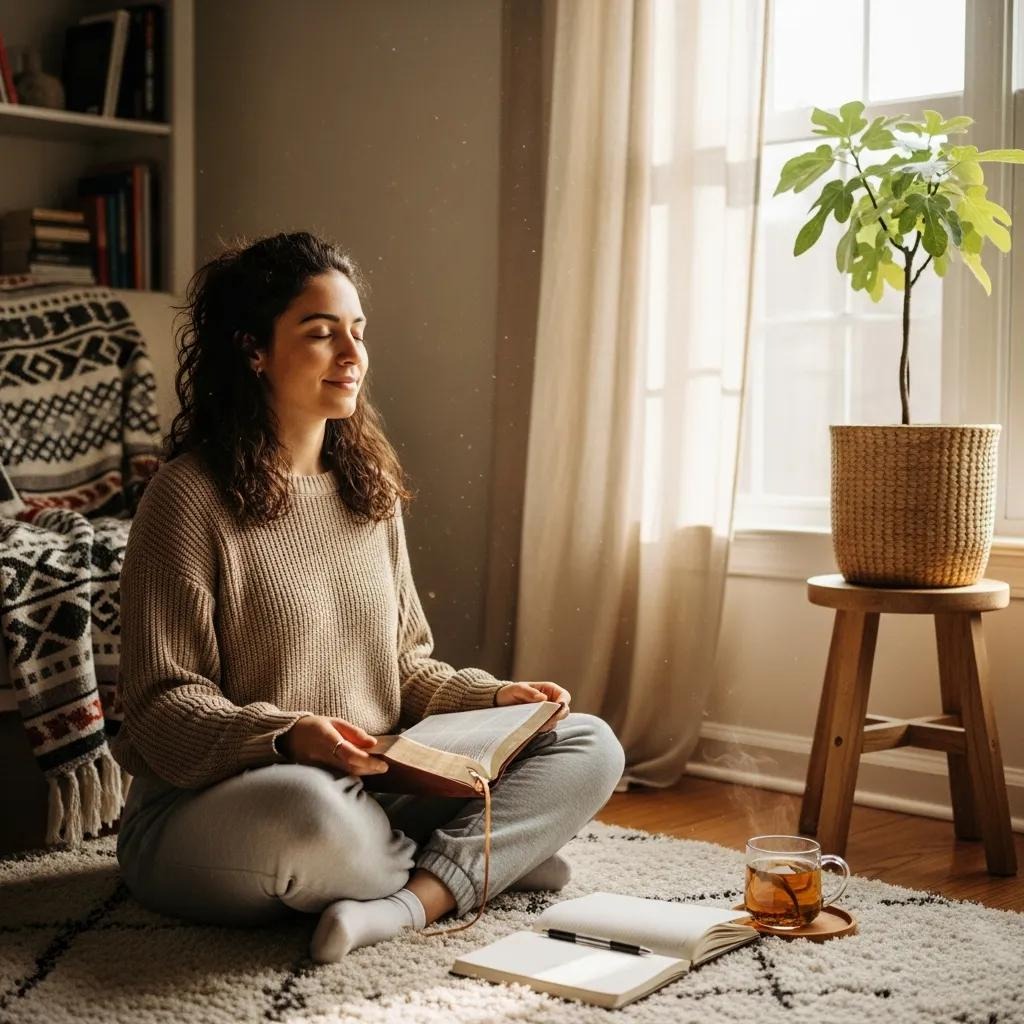 A woman sits cross-legged on a rug by a window, holding a book and smiling with closed eyes. A notebook and a cup of tea are on the floor nearby, and a potted plant sits on a stool in the sunlight.