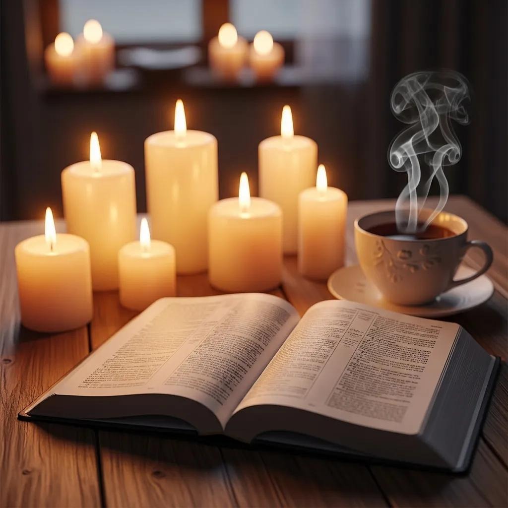 An open book on a wooden table surrounded by lit candles, with a steaming cup of coffee or tea nearby, creating a warm and cozy atmosphere.