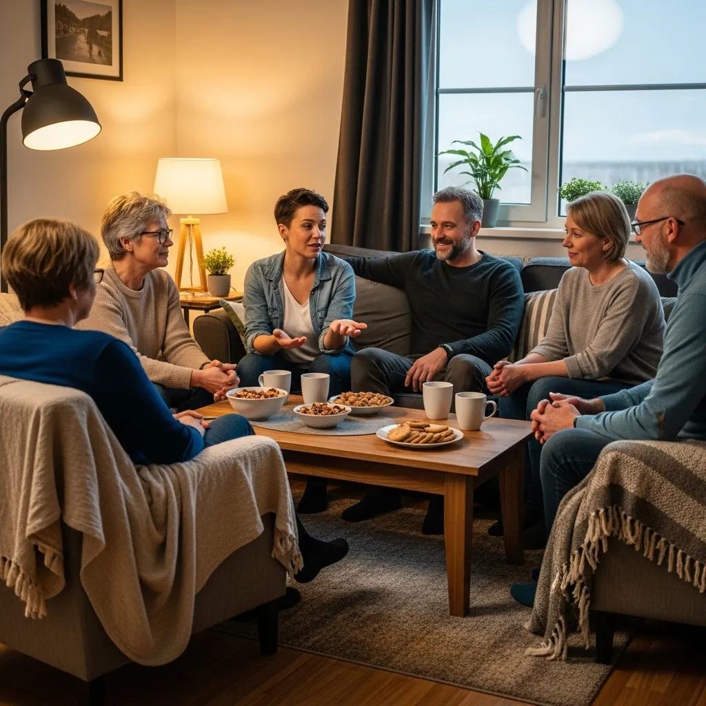 Six adults sit in a cozy living room, gathered around a coffee table with snacks and mugs, engaging in conversation. The setting is warm with soft lighting, modern decor, and a window in the background.