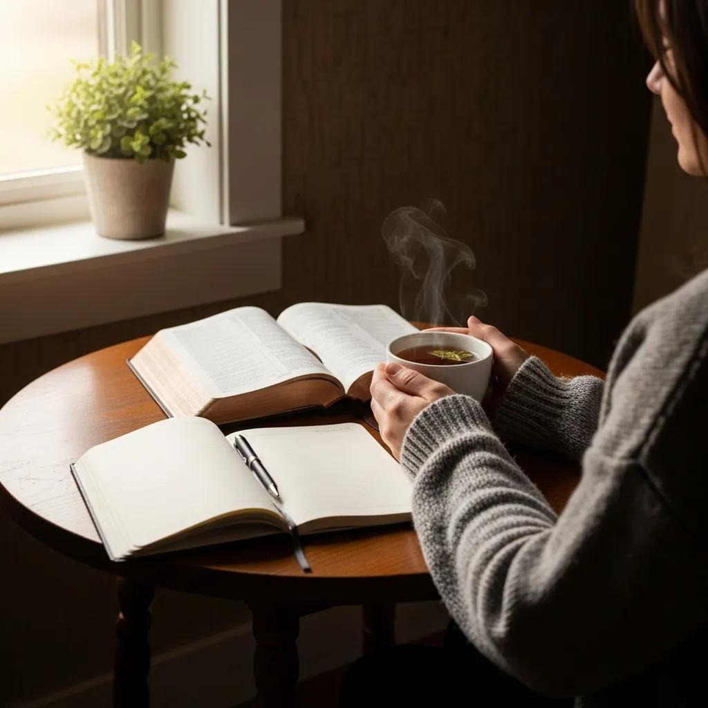 A person in a gray sweater sits at a round wooden table by a window, holding a steaming cup of tea. An open book and a notebook with a pen rest on the table, with a potted plant on the windowsill.