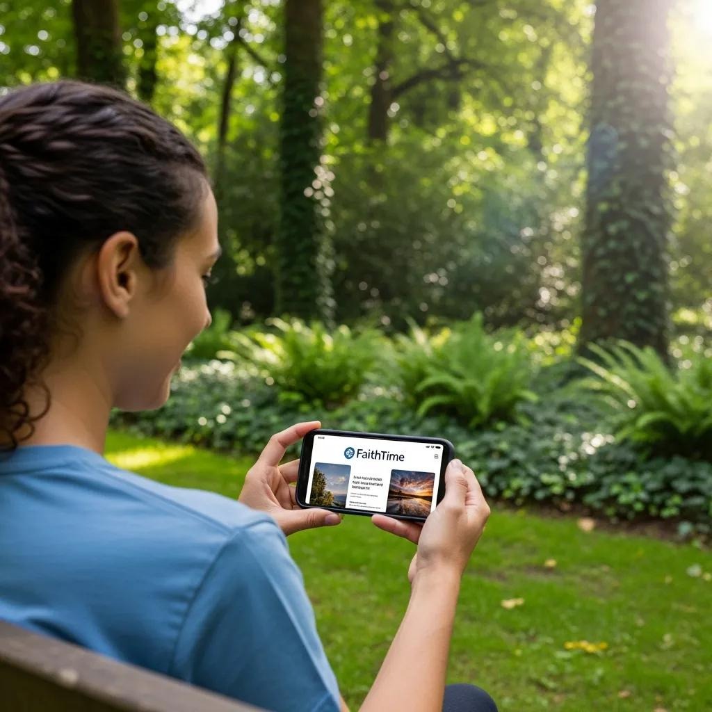User engaging with the FaithTime app outdoors, highlighting daily devotional routines A woman sits on a bench in a sunlit, green park, holding a smartphone and looking at a screen displaying a website called FaithTime. Lush plants and tall trees surround her in the background.