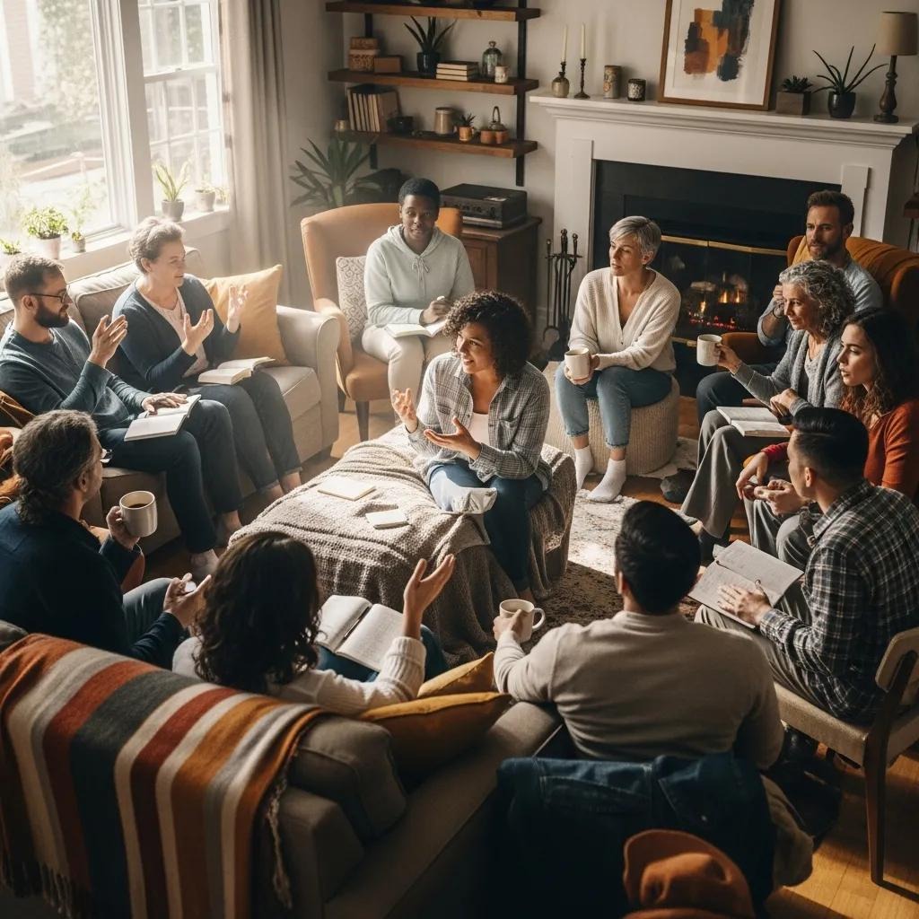 Group of individuals sharing devotional insights in a cozy setting, emphasizing community support A diverse group of people sit in a cozy living room, engaged in a lively discussion. Some hold mugs, others have notebooks. The atmosphere is warm, with a lit fireplace and natural light from a window.