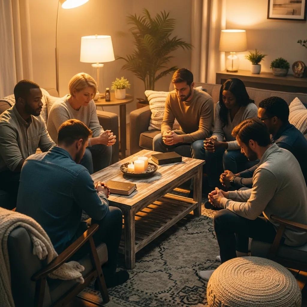 Seven people sit in a cozy living room around a coffee table with candles and books, heads bowed and hands clasped in a moment of group prayer or reflection. The setting is warmly lit and inviting.
