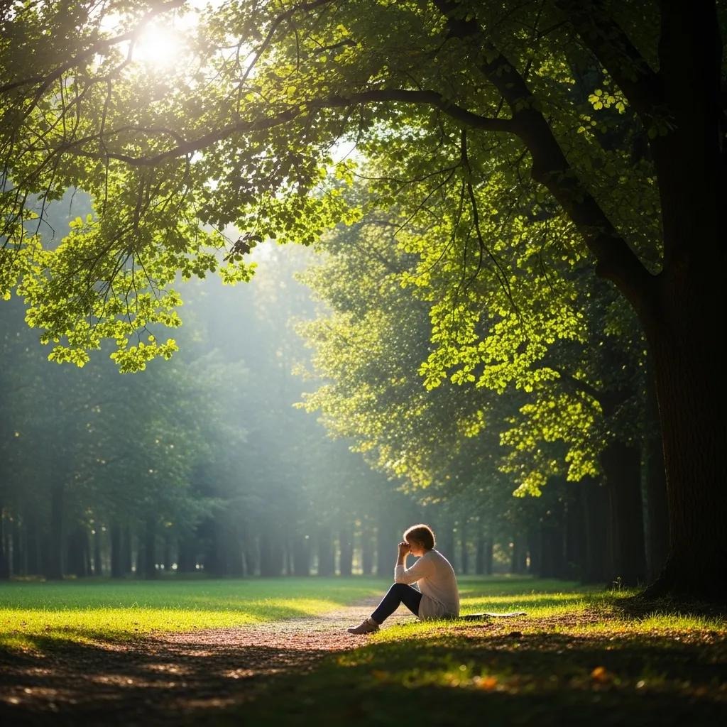 A person sits alone on a path in a sunlit park, surrounded by tall trees and green grass, with sunlight streaming through the leaves.