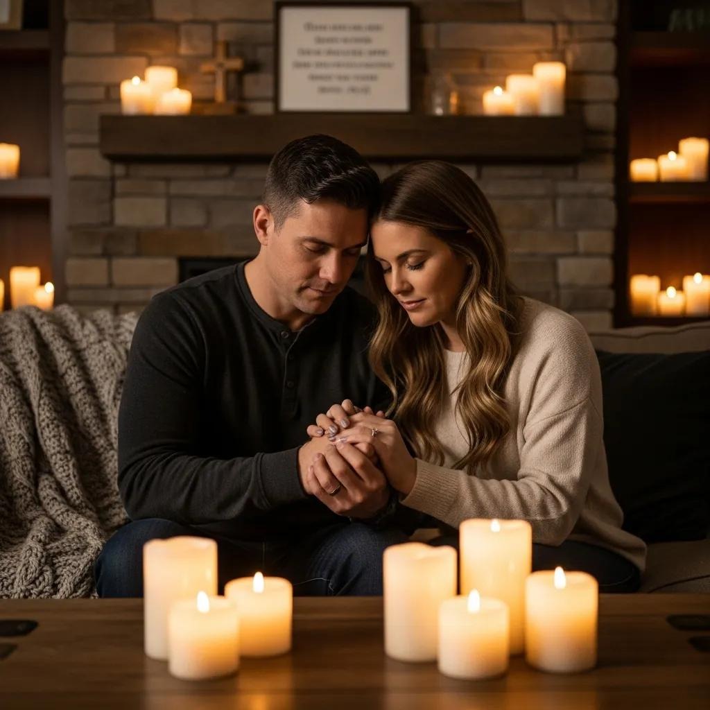 A couple sits closely together on a couch, holding hands and praying, surrounded by lit candles. The cozy room has a stone wall, a cross, and a blanket draped over the sofa, creating a warm, peaceful atmosphere.