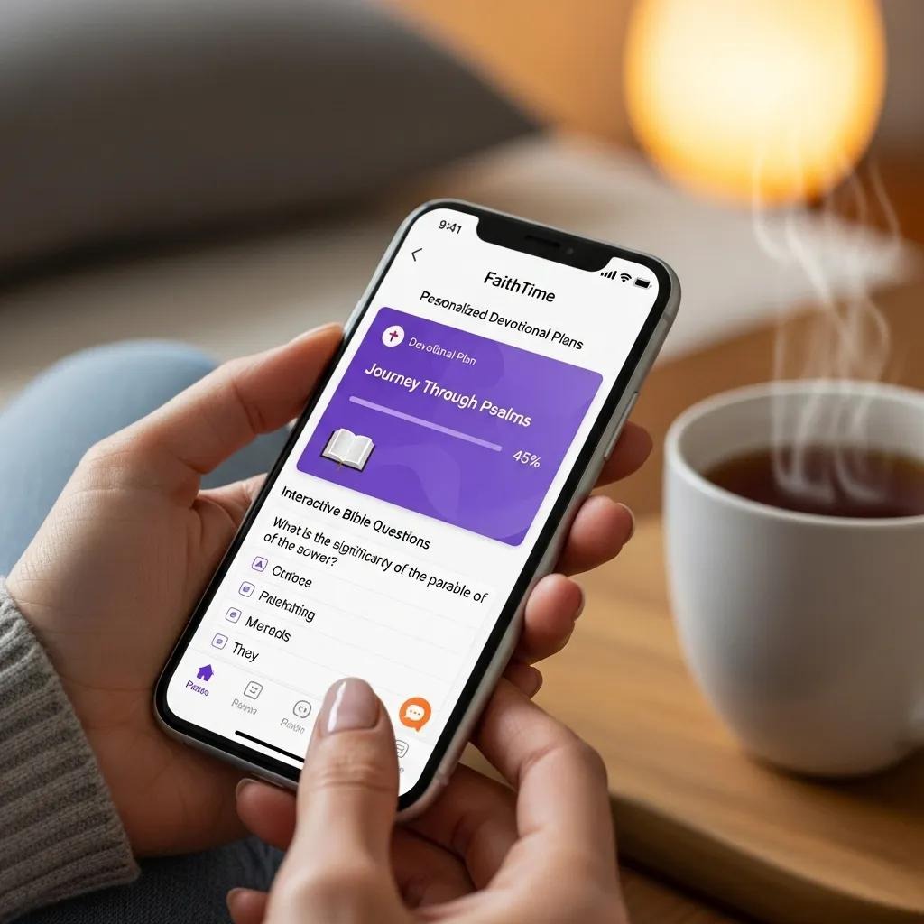 A person holds a smartphone displaying a devotional app called FaithTime, while sitting at a table with a steaming cup of coffee in the background. The screen shows a devotional plan titled Journey Through Psalms.
