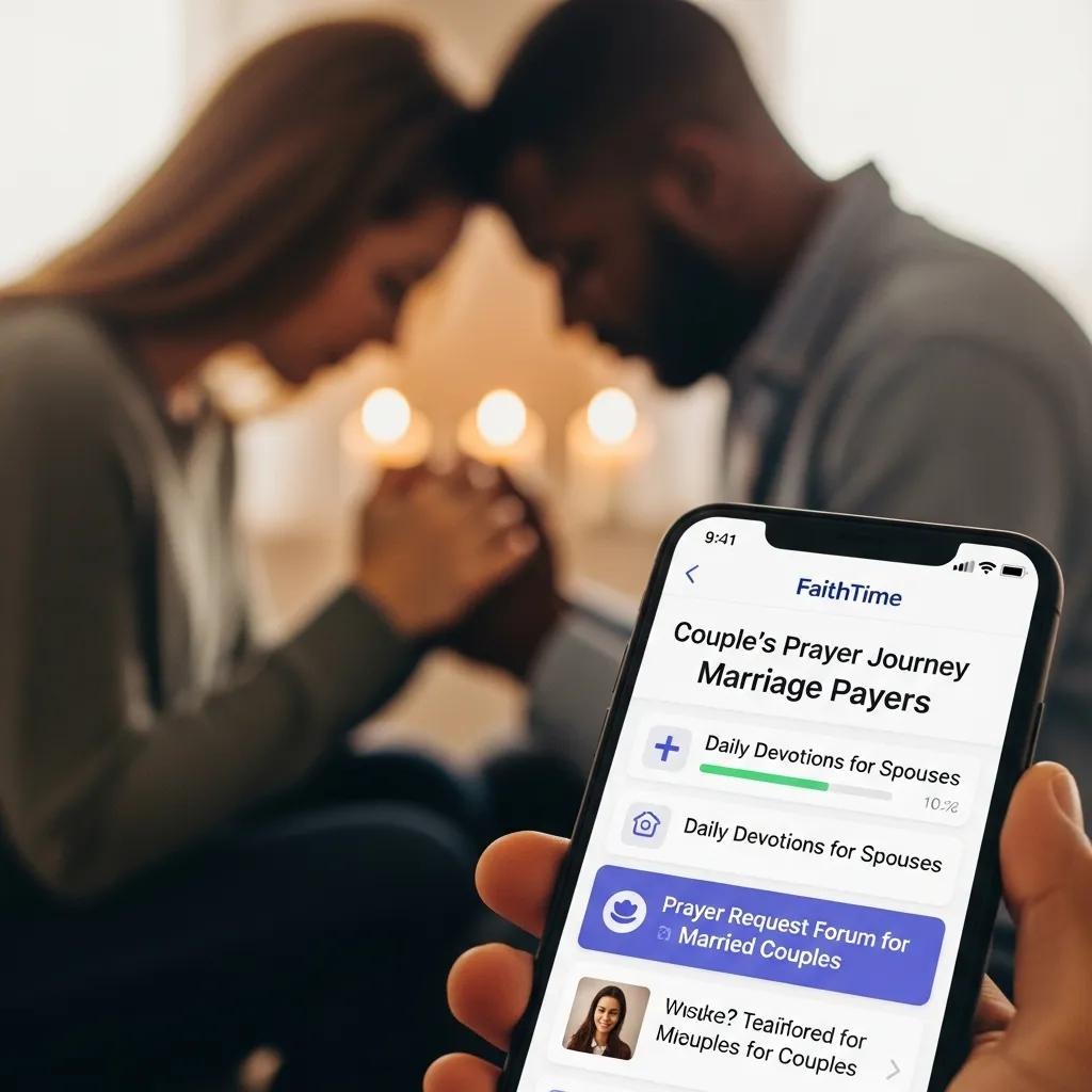 A couple sits close together, holding hands and praying. In the foreground, a smartphone screen shows a faith-based app with options for daily devotions and prayer requests for couples. Candles softly light the background.
