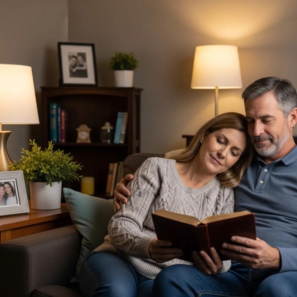 A couple sits on a cozy couch, reading a book together in a warmly lit living room with lamps, framed photos, books, and plants around them. The woman leans on the man, looking relaxed and content.