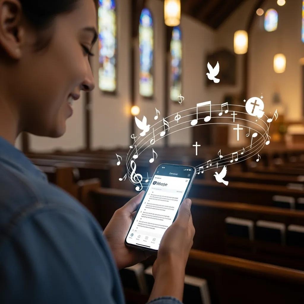 A woman in a church smiles while using her smartphone, with digital icons of musical notes, crosses, and doves swirling from the screen, symbolizing faith and music. Stained glass windows are visible in the background.