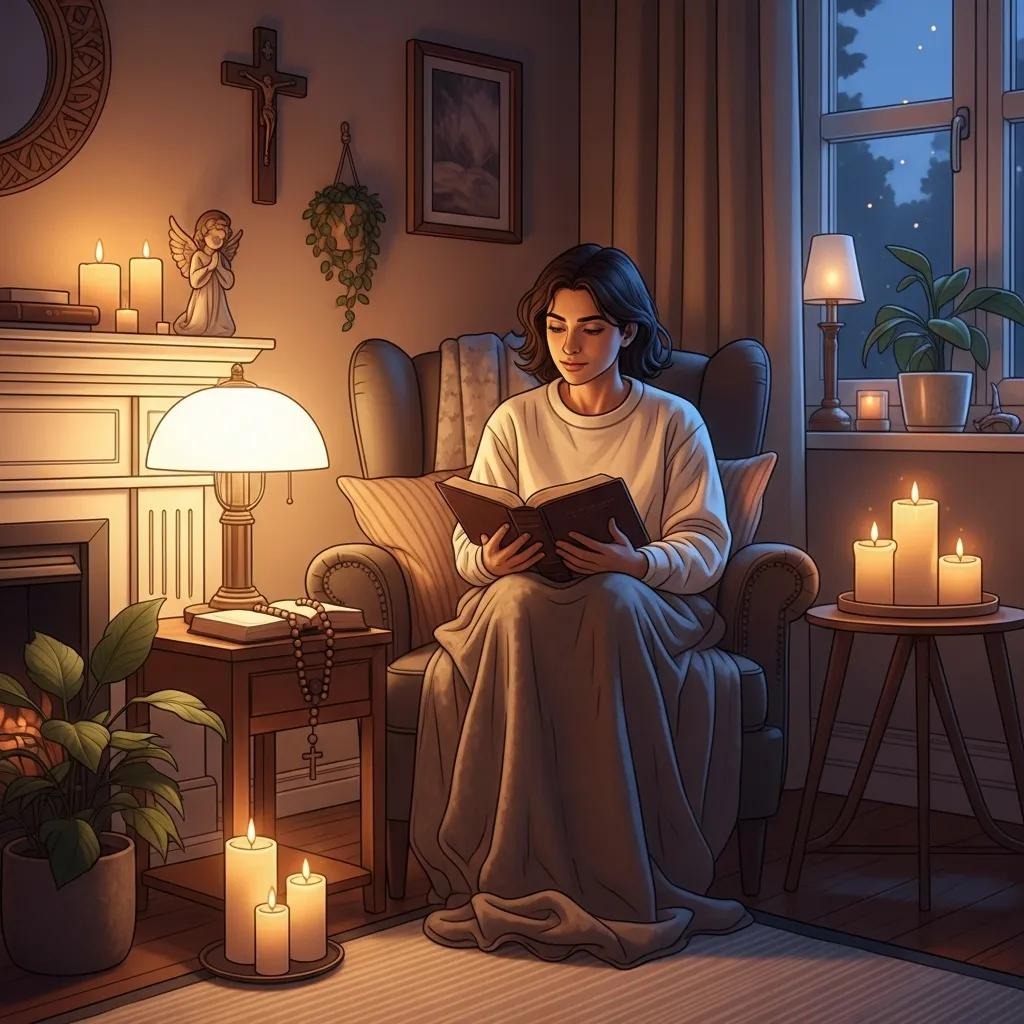 A woman sits in an armchair reading a book, wrapped in a blanket in a cozy, softly lit room. Several candles, a table lamp, houseplants, and religious items decorate the warm, peaceful setting.