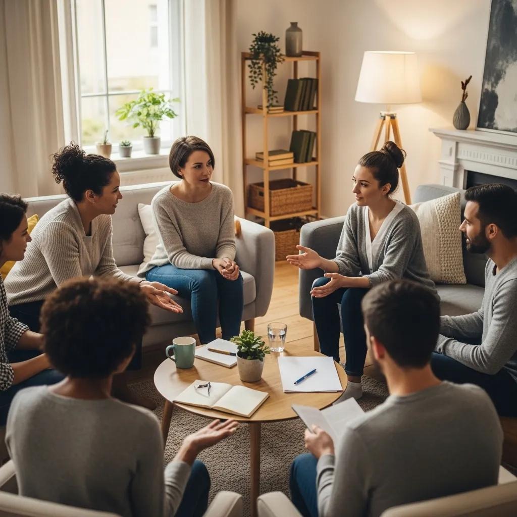 A group of seven people sit in a circle in a cozy living room, engaged in conversation. Notebooks, a mug, and a glass of water are on the table. The atmosphere appears warm and collaborative.
